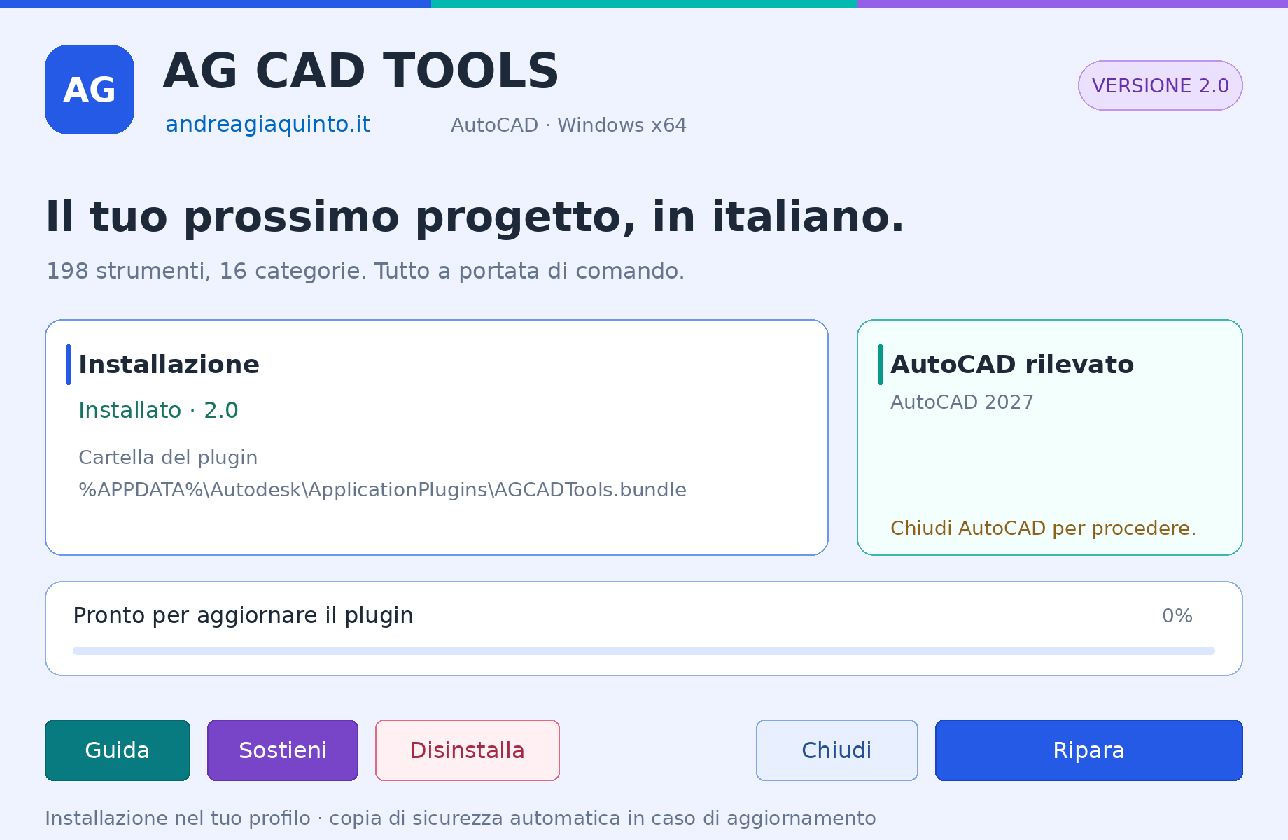 Interfaccia dell’installer AG CAD Tools 2.0 con le opzioni di installazione e gestione