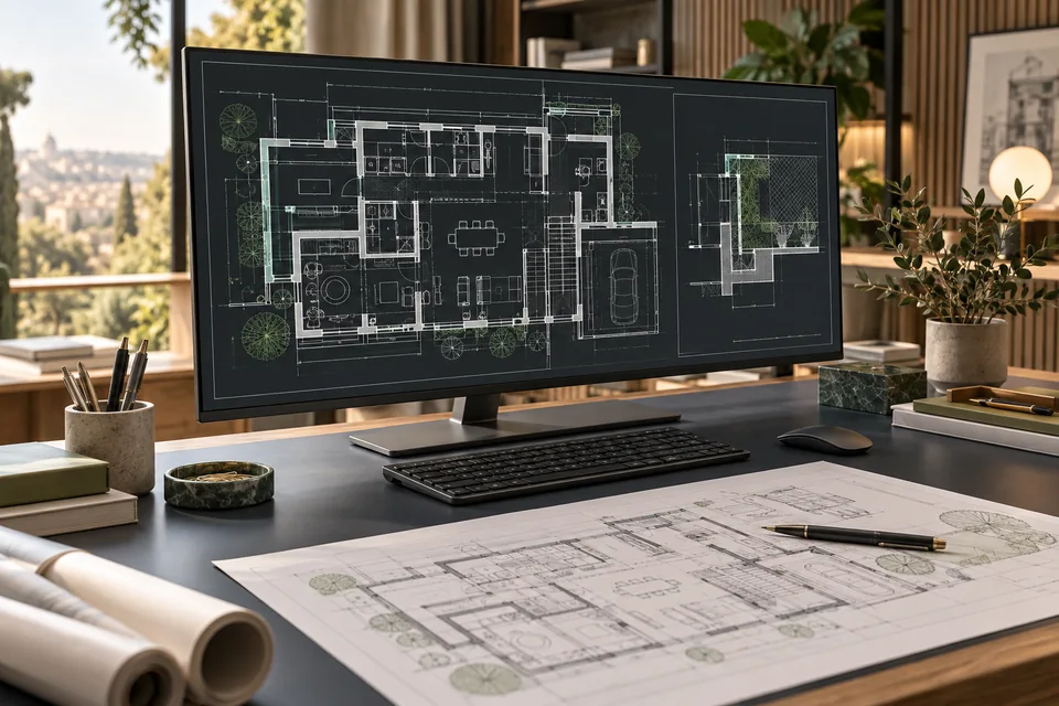 Postazione di disegno tecnico con planimetria CAD sul monitor e tavola stampata