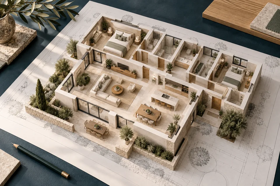 Modello architettonico di una casa con ambienti arredati, su una tavola di disegno tecnico