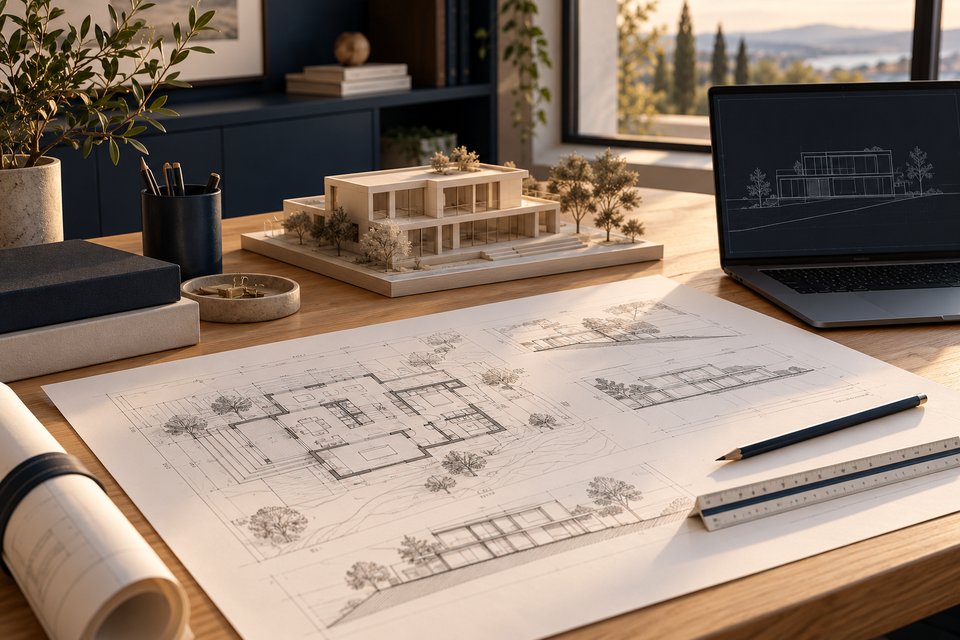 Tavole di architettura, modello e postazione di disegno tecnico