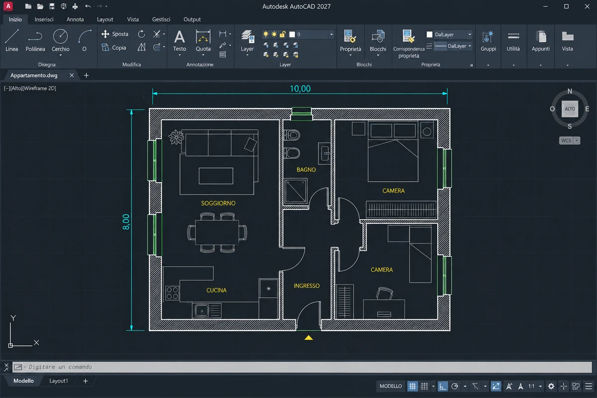 Pianta 2D quotata con muri, porte, arredi e layer: ricostruzione illustrativa IA dell’ambiente AutoCAD 2027 italiano.