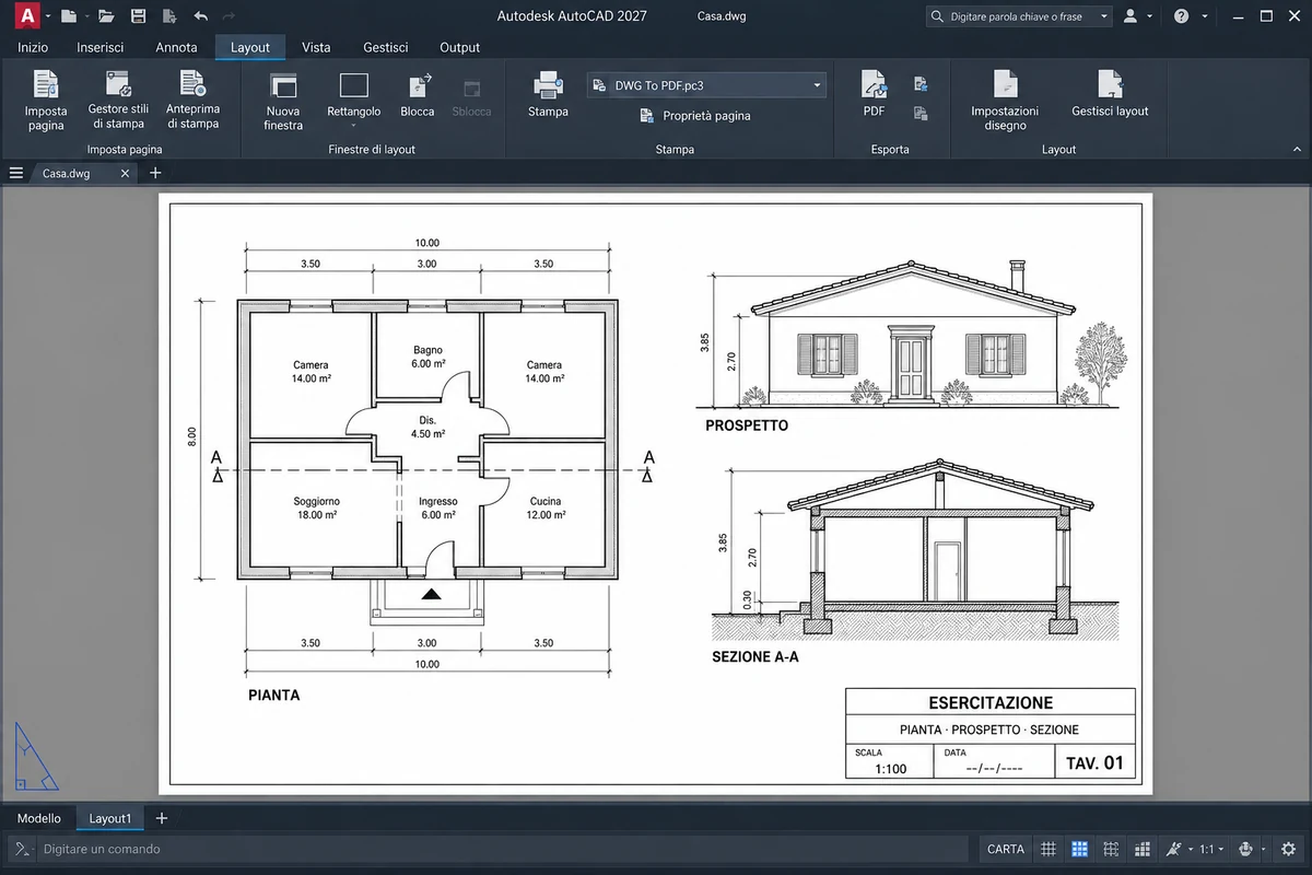 Tavola impaginata con pianta, prospetto, sezione e cartiglio: ricostruzione illustrativa IA dell’ambiente AutoCAD 2027 italiano.