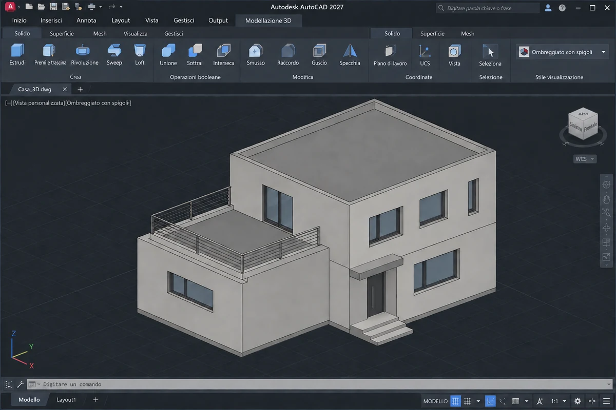 Modello architettonico di solidi con aperture e spigoli visibili: ricostruzione illustrativa IA dell’ambiente AutoCAD 2027 italiano.