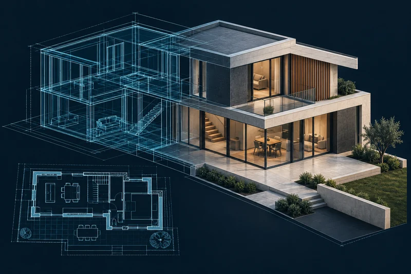 Illustrazione architettonica: una casa passa dalle linee del disegno alla geometria tridimensionale.