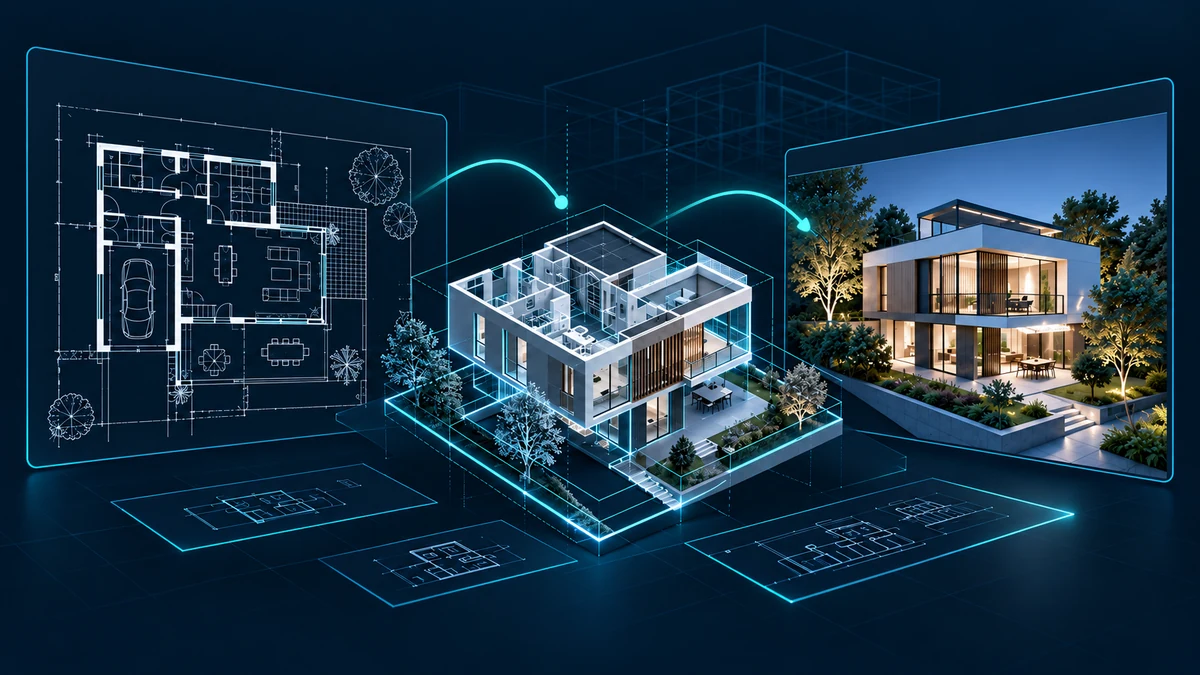 Illustrazione dal progetto CAD al render architettonico: planimetria a sinistra, modello al centro e visualizzazione della casa a destra.